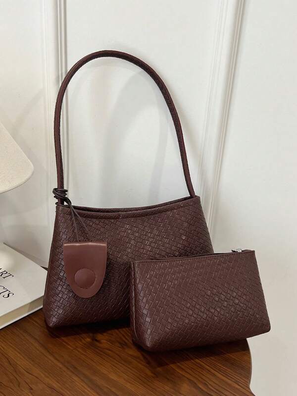 2 pièces Sac fourre-tout à l'épaule de grande capacité pour femmes, de couleur unie avec broderie et fermeture à pression