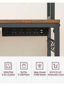 Kitchen Storage Rack With Power Outlet, Coffee Bar, Baker's Rack, With Metal Wire Panel, 14 Hooks, For Microwave, Steel Frame, 40 X 80 X 170 Cm, Rustic Brown And Ink Black - UK Plug(220-240V) - View 2