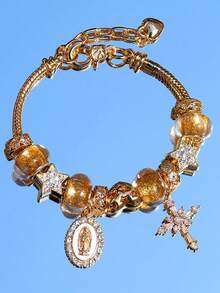 1pc Pan Family Style Golden Flower Beaded Adjustable Bracelet, Unique Design Jewelry For DIY - Multicolor - View 3