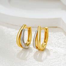 1 Đôi bông tai hình chữ U tối giản, hình học bất đối xứng, mạ vàng 18K và bạc, kiểu dáng trơn bóng, kèm bông tai vòng đan chéo hai màu đa năng. - bông tai - Xem 6