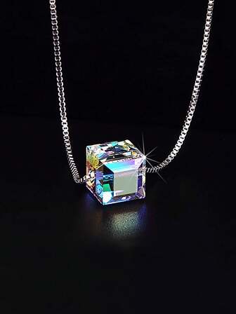 1pc S925 Sterling Silver Aurora Cube Necklace, Cute & Fresh Aesthetic 3D Cube Pendant Clavicle Chain, Luxury Versatile Niche Clavicle Chain Gift For Women