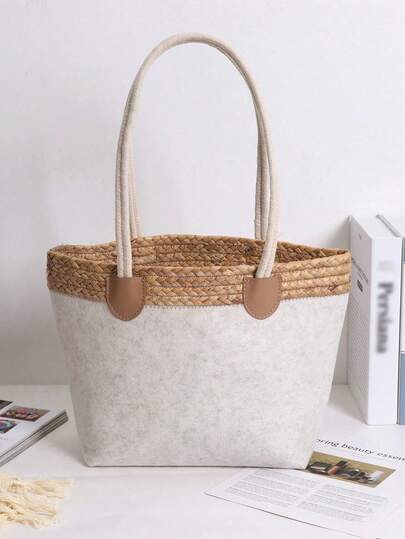 1pc Women's Simple Felt Tote Bag, Lightweight Water Hyacinth Woven Handbag, Large Capacity Shopping Bag, Fashion Minimalist Felt Tote Bag, Travel Storage Bag, Cosmetic Bag, Makeup Organizer Box, Suitable For Lipstick, Brushes, Skincare, Phone, Coins, Small Items, Home, Gifts, Holidays And Festivals Like Halloween, Christmas, Boho Vibe ,Travel Essential Bag ,Room Decor