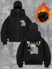 女款秋季开学双连帽骷髅手拿硬币字母图案印花开衫卫衣女士时尚街通用硬币印花双连帽开衫 - 黑色 - 查看 1