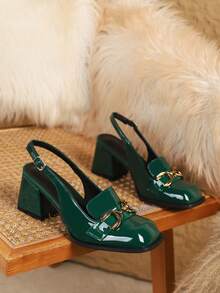 2025年秋冬大码女款玛丽珍高跟鞋，粗跟，方头，苔绿色，正式工作正装鞋，性感粗跟，派对高跟鞋，小/大码，优雅 - 墨綠色 - 查看 4