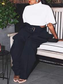 GLOURI Women's High Waist Cargo Barrel Pants - Navy Blue Paperbag Waist With Adjustable Belt & Multi-Pockets | Vintage Tapered Fit For Casual Daily, Office Work & Outdoor Hiking(100% Cotton Breathable) For All Seasons - Màu xanh hải quân - Xem 3