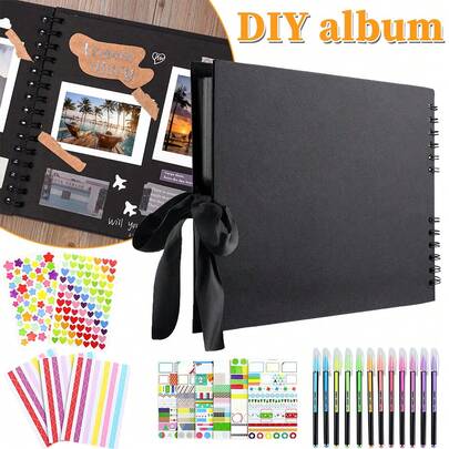 Scrapbook Photo Album, A4 Black Scrapbook With 80 Pages, DIY Memory Photo Books For Baby Family Wedding Birthday Graduation, Small Scrap Book Kit With Gel Colouring Pens Photo Corners Sticker
