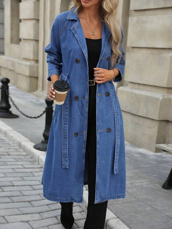 Women's Belted Denim Trench Coat With Drop Shoulders – Elegant Long Jean Jacket , Fall/Winter Everyday Wear