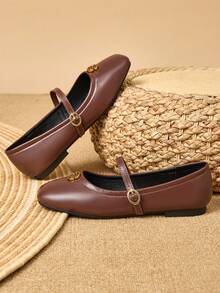 Women's Mary Jane Flat Shoes - Vibrant Brown Faux Leather, Soft Rubber Sole And Padded PU Insole - Comfortable Office And Casual Shoes, Suitable For All-Day Wear In Winter, Women's Flats, New, Fashionable, Minimalist, Slip-On, Glossy - Small Gold Flower Style, Ideal Gift For Valentine's Day, Mother's Day, Weddings, Parties, Office And More - màu nâu - Xem 4