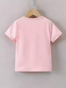 Rainbow Printed Children's T-Shirt With Glitter Effect, 100% Cotton Girl's Blouse - 淺粉色 - 查看 3