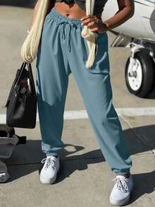 Pantalones mujer deportivos negros rectos cintura elástica ajustable cordón tobillo puños resorte casual athleisure streetwear jogger básicos versátiles relajados amplios holgados cómodos suaves lisos sólidos modernos juveniles contemporáneos minimalistas elegantes sofisticados chic cool outfit lmonocromático gym fitness yoga pilates entrenamiento ejercicio activewear sportswear casual - Neblina azul - Ver 3