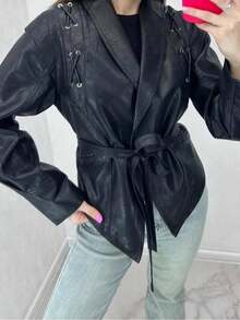 女士秋冬新款欧美风皮带皮夹克 - 黑色 - 查看 4