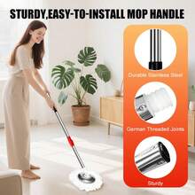 61 Inch Stainless Steel Adjustable Handle And 1 Mop Base And 2 Round Microfiber Mop Replacement Heads Combo Set, Compatible With Round Spin Mop, Home Mop, School Mop For Floor Cleaning (Without Mop Bucket) - White - View 2