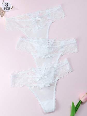 3件套女士性感蕾丝边低腰透明纯色丁字裤