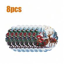 8pcs/6pcs/4pcs/1pc Holiday Christmas Placemat Set - Polyester Linen Round Placemats With Santa Claus & Reindeer Design, Christmas Floral Print, Non-Slip, Hand Washable, Suitable For Holiday Dining And Home Decor, Durable.
