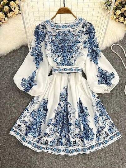 女士秋季服装，印花灯笼袖纽扣半开襟连衣裙，适合通勤、日常穿着、情人节、户外活动、女教师春假优雅装扮