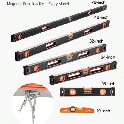 Upgraded Magnetic Torpedo Level, 78/48/32/24/16/10 In Mechanical Level Set, Bubble Vials Ruler For 45/90/180 Degree, Aluminum Alloy Leveler Tool W/ Viewing Window, Shock-Resistant For Plumbing, Wood Measurement