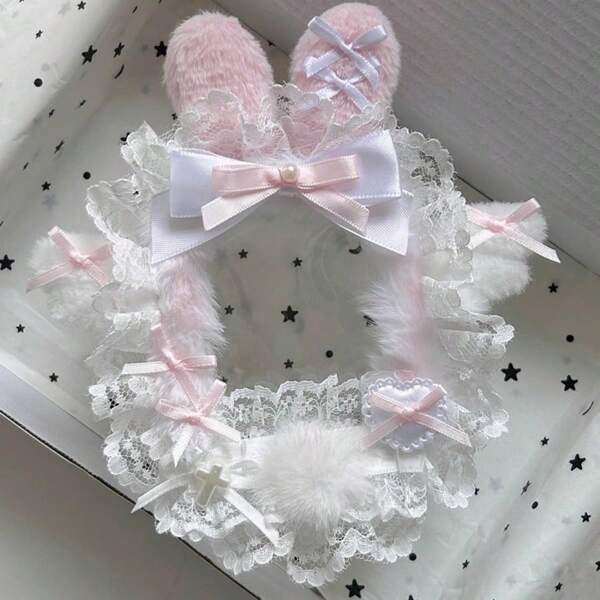 1pc New Cute Pink Doll Bag, 4 Color Options Available, Handmade DIY Finished Blue Decor Doll Doll Collectible, Yellow Bunny Ear Bow White Lace Plush Ornament Doll Bag Lolita Novelty