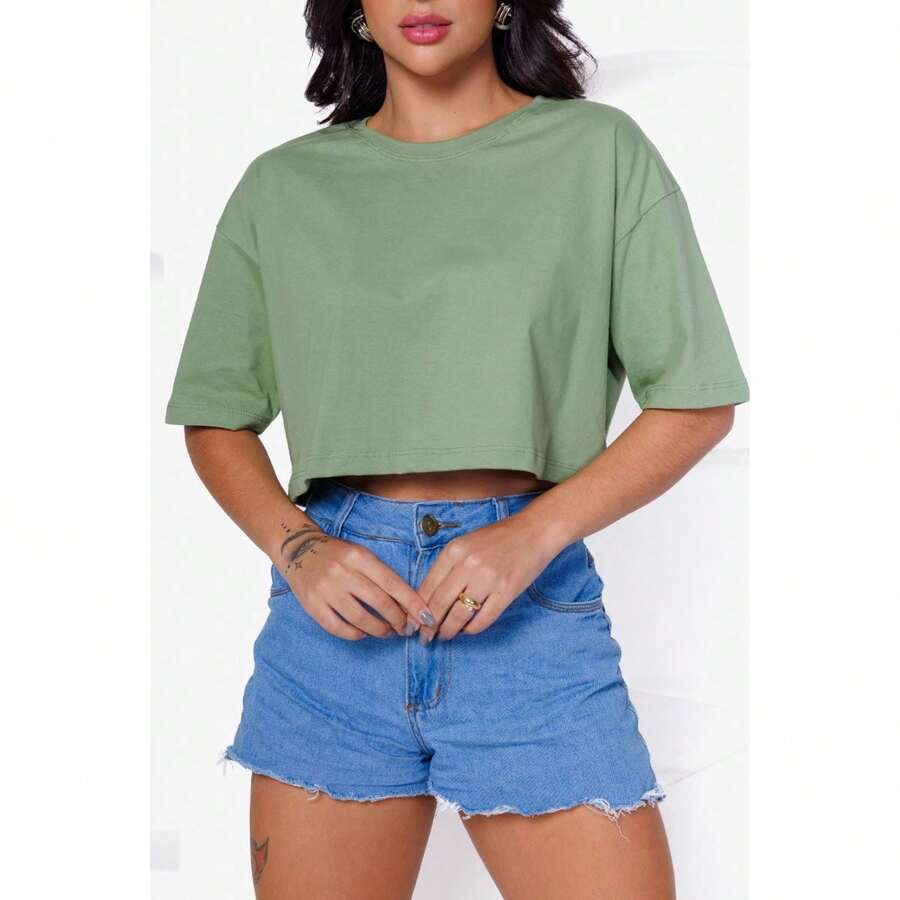 Women's Basic Cropped T-Shirt In Plain Cotton Knit - Verde Oliva - Ver 1