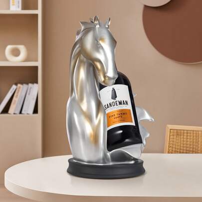 Portabotellas de vino premium con forma de cabeza de caballo, hecho de resina. Escultura decorativa moderna para botellas de vino y expositores, ideal como regalo de decoración de mesa (plata y oro).