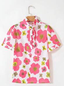 Blusa floral rosa con pétalos encantadores, blusa con estampado floral en crema, rosa y verde con cuello con botones y volantes - Multicolor - Ver 4