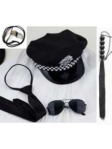 5 pièces Ensemble de costume de police sexy pour femmes, comprenant un chapeau de police + des lunettes + une cravate + un sifflet + un fouet à 5 boules. Accessoires de costume de fête de police, accessoires de tenue de fête.