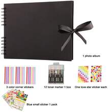 Scrapbook Photo Album, A4 Black Scrapbook With 80 Pages, DIY Memory Photo Books For Baby Family Wedding Birthday Graduation, Small Scrap Book Kit With Gel Colouring Pens Photo Corners Sticker - Black - View 3