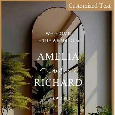 1pc Customized Wedding Mirror Decal, Welcome To Our Wedding Entrance Sign, Customized Vinyl Mirror Decal, Wedding Logo Decoration DIY Wedding Sticker, Customized Mirror Engraved Decal, Wedding Supplies, Wedding Decoration, Anniversary, Birthday, Multipurpose, Ideal Gift For Him, Valentine's Day, Mother's Day, Father's Day, Graduation, Housewarming, Middle School, High School, College Freshman, Sophomore, Elegant Reception Signage
