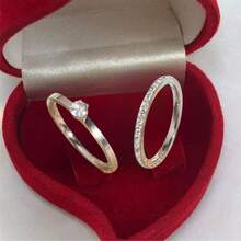 Delicate Elegant Solitaire Ring Pair Kit Refined Stainless Steel Shiny Crystal Stone - 銀色 - 查看 2