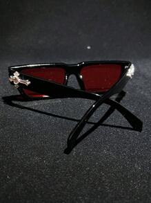 POLASUP 1 件水晶十字架和心形装饰牢不可破的聚碳酸酯镜片运动休闲复古方形太阳镜男士四季皆宜，Y2K 时尚复古风格，配有眼镜带和清洁布 - 黑框/紅鏡片(貼鑽十字架) - 查看 11