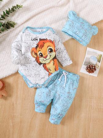 "Brave Lion Baby" 3pcs Set: Long Sleeve Shirt, Pants With Lion Print, And Cap With Ears For Toddlers
