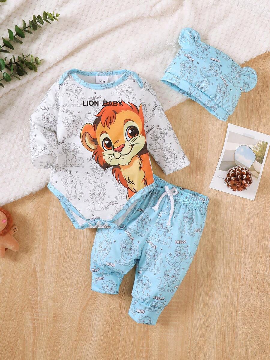Conjunto de 3 piezas "Bebé León Valiente" con top de manga larga, pantalones con estampado de león y gorro con orejas para niños pequeños - Azul - Ver 1