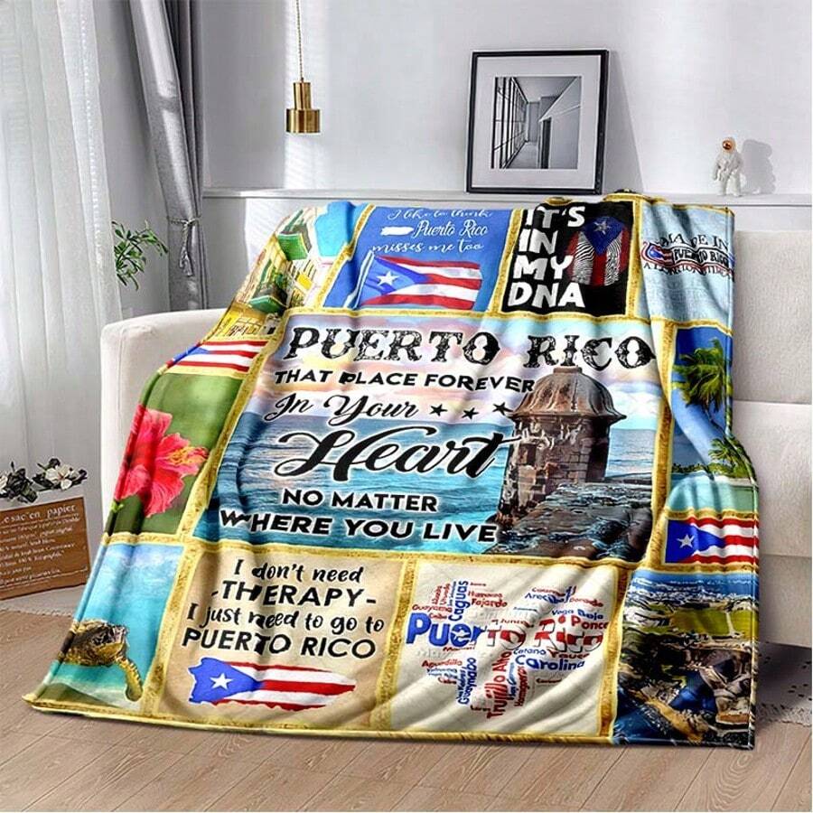 Puerto Rican Themed Flannel Blanket - Vibrant Cultural Prints With Flags, Symbols & Puerto Rico Text - Soft Warm Travel Digital Print,Suitable For All Seasons,      Washable And Machine-Washable, Lightweight, Breathable, Comfortable, Warm,  Unique, 280gsm For Him And Her, Perfect For Naps, Camping, Travel, Family, Daily Life, Office Decoration, Birthday Anniversaries, Valentine's Day, Thanksgiving, Christmas, Halloween, Mother's Day, Father's Day, Wedding,   New Year Gifts Provide Personalized Ideal Gifts For Her, Him, Family Members, Boyfriends,  Girlfriends, Fathers, Family Members, Mothers, Lovers,   Daughters, Sons,   Grandfathers, Grandmothers,     Friends, Classmates And Pets.     Sofa,Bed,Car,Bedroom,Living Room,Office,  Outdoor Camping, Beach,Wall Decoration - 多色5 - 查看 1