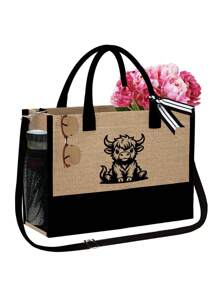 高地奶牛纹沙滩包套装 - 黑色和卡其色配套手提包 + 化妆包 | 大容量可调节肩包，包含方形钱包和帽子 | 多功能旅行收纳包，适合婚礼、度假和日常使用 | 送给女性、妈妈和伴娘的贴心礼物 | 返校必备和母亲节礼物 - 彩色 - 查看 14