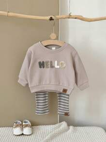 2 件套男女通用婴儿服装，字母刺绣运动衫和裤子套装，春秋季休闲装 - 卡其色 - 查看 4