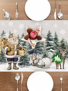 1pc 35*180cm/13.78*70.87inch Christmas Table Runner, Polyester Santa Claus & Snowy Landscape Style Decorative Table Runner, Winter Holiday Decor Fabric Suitable For Farmhouse, Christmas Dinner, Dining Table, Kitchen Festival Decoration - Christmas - View 3