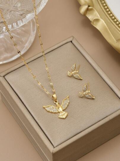 1 件时尚全水钻闪亮鸟与鹰不锈钢女士项链，1 对时尚全水钻闪亮鸟与鹰不锈钢女士耳环