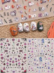 2 件可爱卡通万圣节美甲浮雕贴纸 - 鬼魂、南瓜、蜘蛛、小鬼和花朵图案，女士自粘美甲贴花，5D 浮雕饰面，可爱、有趣和卡通主题，易于粘贴指甲装饰、DIY、节日礼物、派对风格 - 彩色 - 查看 1