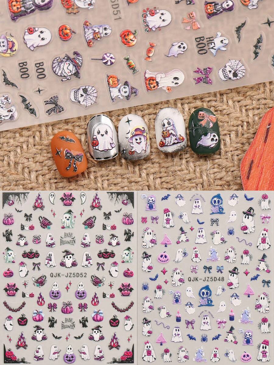 2 件可爱卡通万圣节美甲浮雕贴纸 - 鬼魂、南瓜、蜘蛛、小鬼和花朵图案，女士自粘美甲贴花，5D 浮雕饰面，可爱、有趣和卡通主题，易于粘贴指甲装饰、DIY、节日礼物、派对风格 - 彩色 - 查看 1