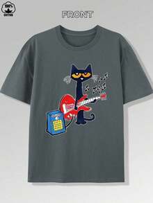 Vibrant Music Guitar Kitten Print T-Shirt -180g, Pure Cotton Short Sleeved Round Neck Top, Fashionable And Casual Boutique Men's T-Shirt,High Quality - 深灰色 - 查看 1