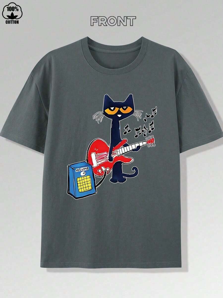 Vibrant Music Guitar Kitten Print T-Shirt -180g, Pure Cotton Short Sleeved Round Neck Top, Fashionable And Casual Boutique Men's T-Shirt,High Quality - 深灰色 - 查看 1