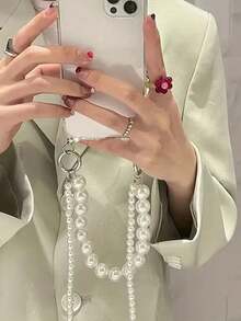 Fashion Faux Pearl Bracelet & Velvet Strap Phone Case Compatible With IPhone 16, 15, 14, 13, 12, 11 Pro Max Plus - Transparent Shockproof Back Cover - Fashionable Gift For Women & Girls - Birthday, Holiday Gift, Compatible With Samsung A54/A55/A53/S24/S24FE/S24Plus/S24Ultra/S25/S25Plus/S25Ultra, Compatible With Xiaomi/17 Series - Clear - View 4