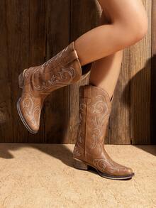 Women's Mid Calf Cowgirl Boots Cowboy Boots Pointed Toe Fashion Slip-On Chunky Heel Embroidery Stitched Western Camel Boots For Festival Party Shoes - Camel - View 5