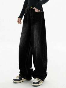 Women's Loose Button Front Wide Leg Plus Size Jeans, Casual And Fashionable-Fall Clothes For Women - Black - View 6