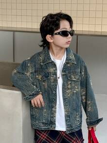 Giacca di jeans con vestibilità ampia per ragazzi, adatta per uso casual, scolastico e all'aperto, autunnale