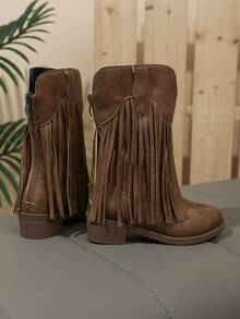 儿童蒙古靴 26 - 36 欧元 | 流苏细节，中筒款式，流苏蒙古靴 | 儿童时尚中筒设计，复古流苏中筒时尚靴 - 駝色 - 查看 4