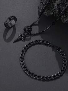 3pcs Men's Fashion Punk Rock Hip Hop Party Accessories Rose Flower Cross Necklace Bracelet Ring Set