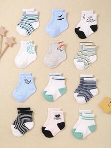 12 Pairs Of Baby Boys' Stretch Casual Mid-Calf Socks, Suitable For Baby Boys Aged 0-3. They Feature Dinosaur And Stripe Patterns, And Are Comfortable And Sweat-Absorbent.Baby Socks , Newborn Socks ,Toddler Socks - Multicolor - View 2