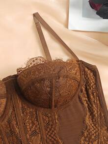 Fashionable Seamless Bra With Thin Straps, Sexy Strapless Tight Lace Crop Top - Coklat - View 5