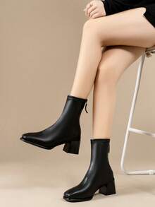 Botas de Bico Quadrado Modeladoras, Botas Elásticas Estilo Britânico Antiderrapantes, Botas Curtas de Salto Grosso Versáteis e da Moda, Botas de Trabalho com Zíper Lateral de Couro para Mulheres, Outono/Inverno