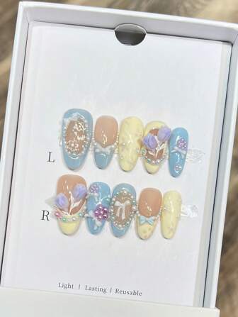 10 件中长椭圆形马卡龙色调手工按压指甲，3D 紫色郁金香珍珠装饰法式指甲尖，可爱蝴蝶结假指甲，带果冻胶和指甲锉，适合夏季、情人节、返校和日常美甲用品